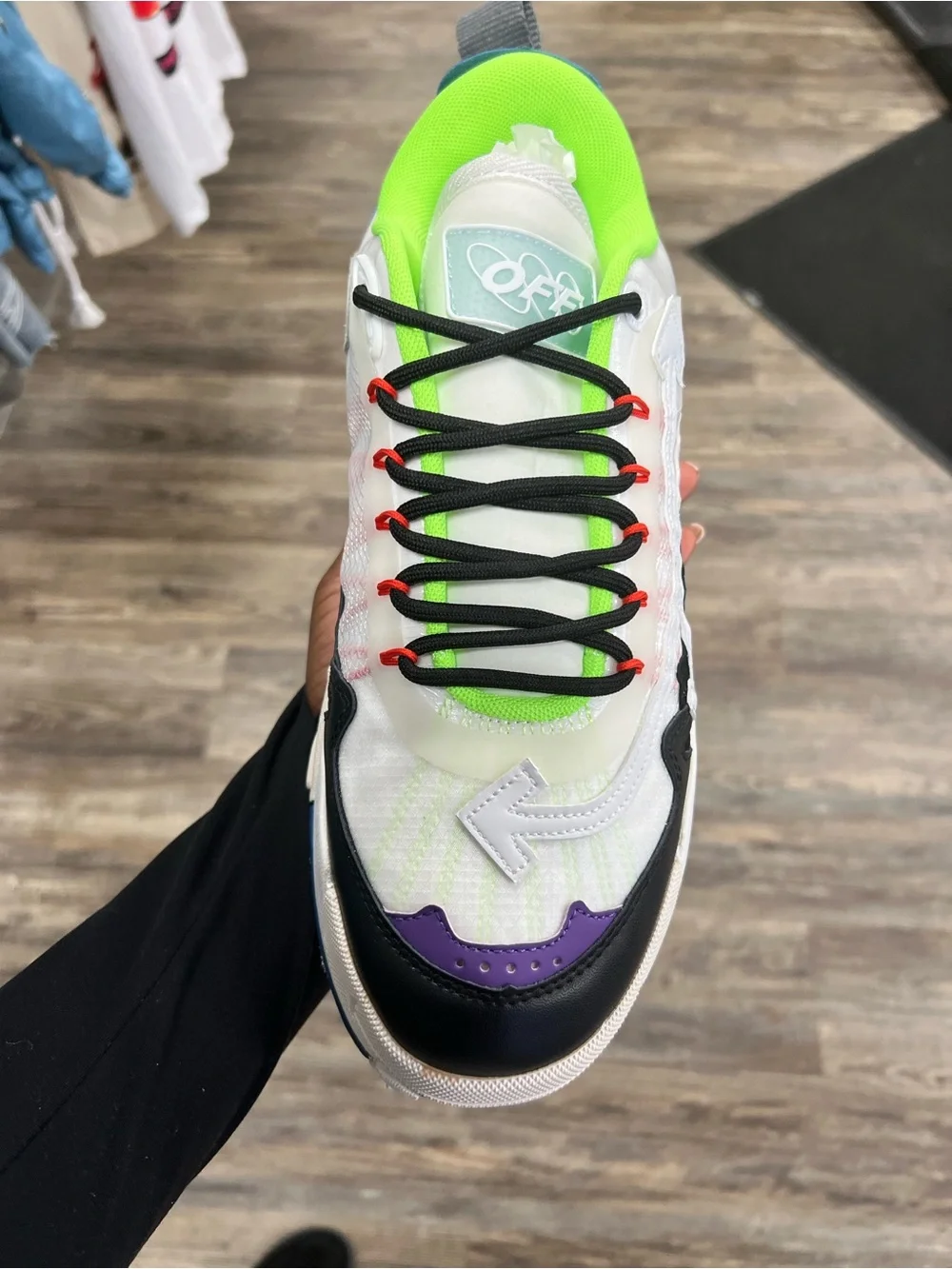 Off-White Style Multi-Color Sneaker with Neon Green Collar